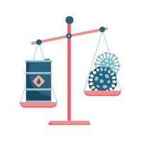 illustration vectorielle d'un baril de pétrole noir sur une échelle avec coromavirus. la chute du prix du baril sous l'effet du coronavirus et le différend entre la russie et l'arabie saoudite. vecteur