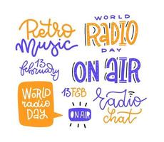 sertie de citations et de phrases sur la radio. à l'antenne. journée mondiale de la radio. 13 février. musique rétro. illustration vectorielle dessinés à la main. vecteur