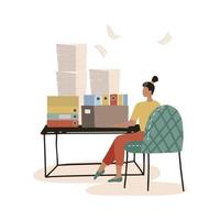 secrétaire occupé assis au bureau avec pile de dossiers et pile de papiers isolé illustration vectorielle plane. femme de commis surchargée de dessin animé travaillant au bureau. concept de bourreau de travail et de lieu de travail. vecteur