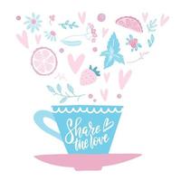 tasse de café ou de thé dessinée à la main sur fond doux avec coeurs, fleurs, herbes et texte de lettrage de la saint-valentin - partagez l'amour. meilleur pour la carte d'amour, l'affiche, la conception d'invitation à une fête. vecteur