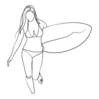 dessin en ligne continu d'une surfeuse avec une planche de surf vecteur