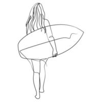 dessin en ligne continu d'une surfeuse avec une planche de surf vecteur