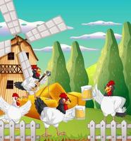 scène de ferme avec des poulets en style cartoon vecteur