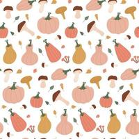 motif d'automne sans couture avec feuilles, citrouilles, champignons et branches sur fond blanc. illustration vectorielle plate dessinée à la main. vecteur