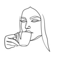 dessin au trait continu d'une femme buvant du café vecteur