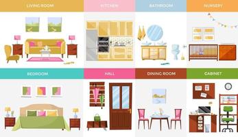 ensemble de 8 pièces de maison de design d'intérieur avec salon, chambre, cuisine, bureau à domicile, salle à manger, chambre d'enfant, hall, salle de bain. bannière intérieure pour la conception web. illustration vectorielle de dessin animé plat vecteur