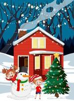 scène d'hiver de noël avec des enfants debout devant une maison