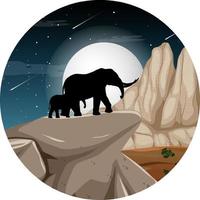 silhouette animale d'éléphant dans la forêt de savane la nuit vecteur