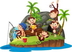 île isolée avec de nombreux singes cartoon vecteur