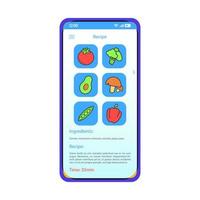 modèle de vecteur d'interface de smartphone de recettes de nourriture. mise en page de conception bleue de la page de l'application de cuisine mobile. instructions de préparation des plats, écran des ingrédients. interface utilisateur plate pour l'application. liste d'épicerie sur l'écran du téléphone