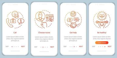 modèle de vecteur de page d'application mobile d'intégration d'aide à la vie. Étapes du site Web de la visite guidée du service de soins à domicile. choix aide-soignante, aide-soignante, infirmière. accompagnement à domicile. ux, ui, interface graphique pour smartphone