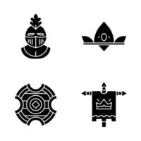 ensemble d'icônes de glyphes médiévaux. casque de chevalier, couronne royale, bouclier de bataille, drapeau du roi. symboles de silhouettes. illustration vectorielle isolée vecteur