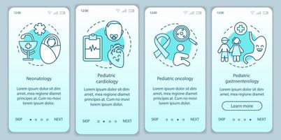 modèle de vecteur d'écran de page d'application mobile d'intégration des services pédiatriques. néonatologie, oncologie, gastro-entérologie. étapes du site Web pas à pas avec des icônes linéaires. concept d'interface de smartphone ux, ui, gui