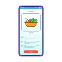 modèle de vecteur d'interface de smartphone de recettes d'aliments sains. mise en page de conception bleue de la page de l'application mobile. ingrédients de salade, écran de livre de cuisine. interface utilisateur plate pour l'application. commentaires des utilisateurs, affichage du téléphone