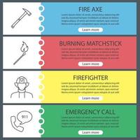 ensemble de modèles de bannières web de lutte contre les incendies. hache d'incendie, allumette brûlante, pompier, appel d'urgence. éléments de menu couleur du site Web avec des icônes linéaires. concepts de conception d'en-têtes vectoriels vecteur