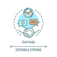 obtenir l'icône de concept d'aide. soins médicaux, illustration de ligne mince d'idée de soutien. dessin de contour isolé de vecteur de services de soins infirmiers. médecin, thérapeute, aide soignante. hôpital, clinique. trait modifiable