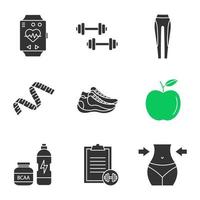 ensemble d'icônes de glyphe de remise en forme. bracelet de sport, haltères, leggings, ruban à mesurer, pomme, baskets, supplément bcaa, guide d'exercices, perte de poids. symboles de silhouettes. illustration vectorielle isolée vecteur