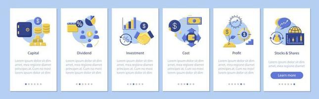 modèle de vecteur d'écran de page d'application mobile de gestion financière. capital, dividende, investissement, coût, profit, actions. instructions du site Web de conception plate. ux, ui, concept de dessin animé d'interface smartphone gui