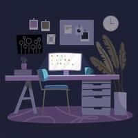 lieu de travail avec éclairage d'écran d'ordinateur, livres, plante et tasse sur la table. fond violet foncé. bureau de nuit. illustration de vecteur plat dessinés à la main.