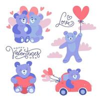 adorables ours en peluche lilas - couples et célibataires. les personnages s'étreignent, volent en ballon, conduisent une voiture et tiennent le cœur. carte de Saint Valentin. ensemble d'illustrations vectorielles plates de dessin animé isolé. vecteur