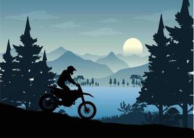 motards, moto, silhouettes, dans, sauvage, forêt, montagne, nature, paysage, fond vecteur