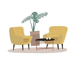 intérieur de maison confortable avec palmier de plante d'intérieur, table basse, deux fauteuils jaunes confortables. concept de maison confortable dans un style scandinave. illustration vectorielle plate dessinée à la main. vecteur