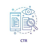 icône de concept ctr. cliquez sur l'illustration de la ligne mince de l'idée du taux de clic. analyses d'audience Internet. marketing en ligne. taux de conversion. smm. animation sur les réseaux sociaux. dessin de contour isolé de vecteur