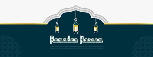 bannière vectorielle horizontale ramadan kareem. religion musulmane mois sacré bannière plate copie espace illustration vectorielle. bannière avec décoration de lampes. vecteur