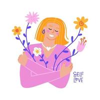 une fille blonde se serre par les épaules et tient des fleurs sauvages. citation de lettrage - amour de soi. carte postale de la saint-valentin positive du corps sur fond blanc. illustration vectorielle dessinés à la main plat vecteur