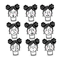 la femme fait face à des expressions avec des sentiments, des humeurs, des émotions. ensemble de portraits d'une femme. visage de personnage heureux, triste, en colère, surpris, timide, excité, suspensif, intense et fatigué. croquis vectoriel de doodle linéaire.