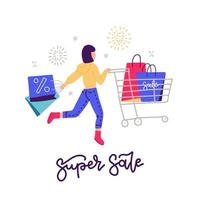 jeune femme sur le shopping. notion de vendredi noir. fille se précipitant faire du shopping. shopping personnage féminin avec chariot et sacs en papier. lettrage super vente. illustration vectorielle plane. vecteur