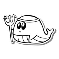 joli guerrier baleine de dessin animé tenant un trident et portant un monochrome de diadème. doodle sur silhouette blanche et ombre grise. illustration vectorielle sur les animaux aquatiques pour toute conception. vecteur