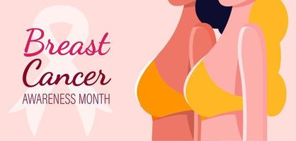 illustration vectorielle du mois de sensibilisation au cancer du sein, ruban mondial contre le cancer, ruban rose, conception plate du slogan de l'affiche du cancer du sein de soutien vecteur