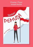 heureux jour de l'engagement de la jeunesse indonésienne sumpah pemuda illustration vectorielle, jeune femme tenant un drapeau