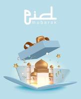 eid mubarak conception 3d boîte de cadeaux ouverte festive, illustration vectorielle surprise de cadeau de vacances vecteur