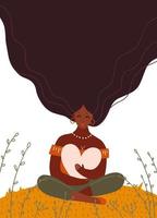 belle femme noire tenant un grand coeur. amour, soins personnels, soutien, concept de féminisme. illustration vectorielle plate abstraite isolée pour affiche moderne, conception d'impression. personnage féminin aux cheveux longs.