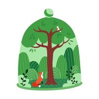 forêt d'arbres verts avec renard sous un dôme en verre transparent. sauver le concept de forêt et de nature. mauvaise influence sur l'environnement. illustration de dessin animé de vecteur plat.