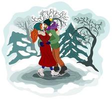 patinage artistique. jeune couple dans la forêt d'hiver. concept de rencontres d'hiver. patinoire. vecteur