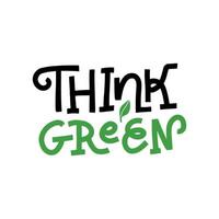 logo de texte de lettrage à la main pensez concept vert - écologie et énergie verte dans un style linéaire rugueux à la mode avec élément végétal feuille. illustration de vecteur plat dessiné à la main