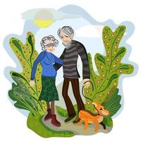 illustration vectorielle isolée d'un couple de personnes âgées, marchant dans le parc avec un chien. vecteur