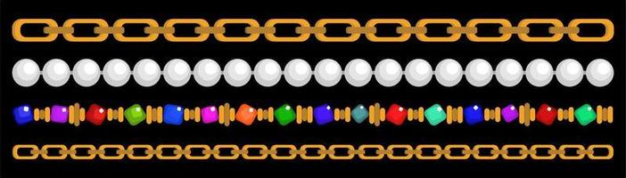 ensemble vectoriel de quatre chaînes et perles diverses isolées sur fond noir.