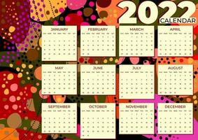 calendrier 2022. calendrier mensuel coloré avec fond abstrait coloré. vecteur