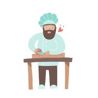 chef coupe tomate sur planche de bois. personnage de cuisinier au chapeau cuisinant dans la cuisine. illustration vectorielle de dessin animé plat style vecteur