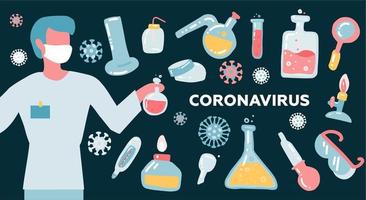 homme scientifique ou médecin recherche coronavirus cov en laboratoire avec équipement en verre de flacon. concept de santé et de médecine. illustration vectorielle plane. vecteur