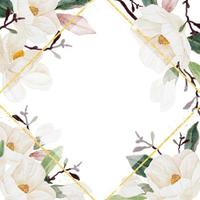 bouquet de branche de fleurs en fleurs de magnolia blanc aquarelle avec fond de bannière carrée de cadre de paillettes d'or vecteur