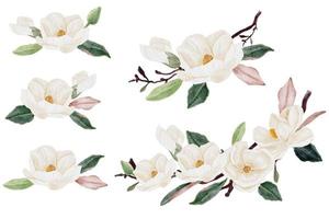 collection de clipart bouquet de fleurs et de feuilles de magnolia blanc aquarelle isolé sur fond blanc vecteur