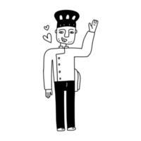le chef masculin à la casquette agite la main. illustration vectorielle de dessin animé dessiné à la main dans un style doodle. noir sur blanc caractère isolé. vecteur