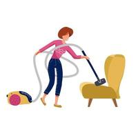 femme drôle passant l'aspirateur sur un fauteuil de canapé sur fond blanc. aspirateur tuyau femme s'enroule autour. illustration vectorielle plane vecteur