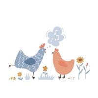 coq chantant des chansons pour la poule. poulet mignon et drôle écoutant chanter. illustration de vecteur dessiné main plat coloré isolé sur fond blanc