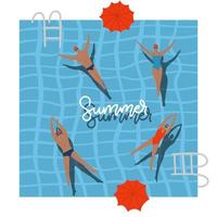 vue de dessus de piscine avec parasols, bannière de vacances d'été. les gens nagent, se détendent, s'amusent dans la piscine. illustration plate vectorielle avec texte de lettrage. affiche de l'heure d'été. jeunes hommes et femmes vecteur